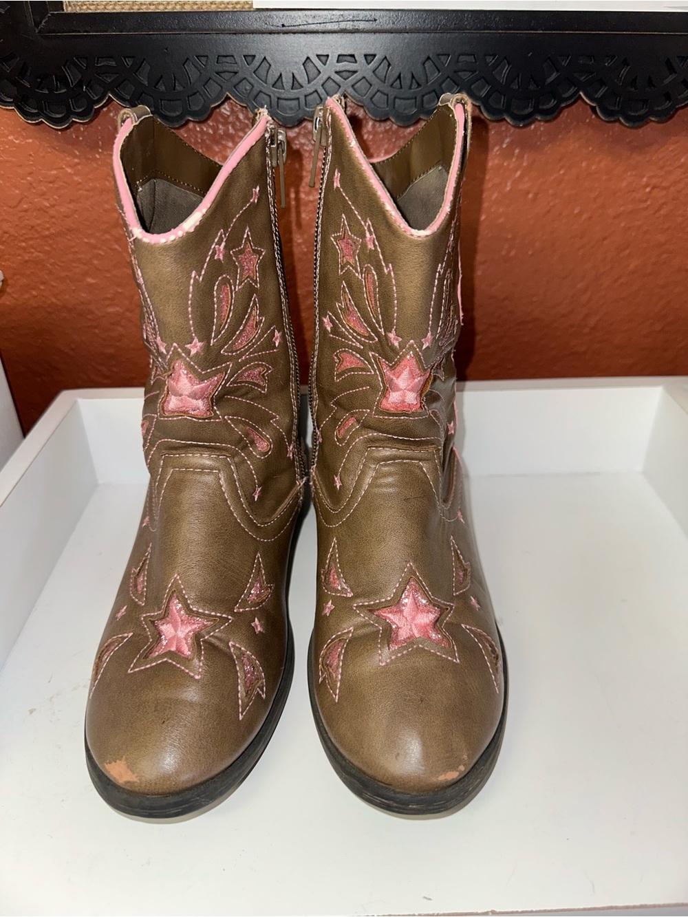 Wonder Nation Girls 1 Brown & Pink Star Sequin Cowgirl Boots